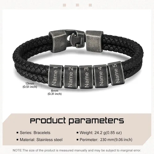 Miniatura 2 de Pulsera personalizada con nombre para hombre, pulsera de cuero personalizada para hombre con 2-5 cuentas vintage grabadas con nombres de familia