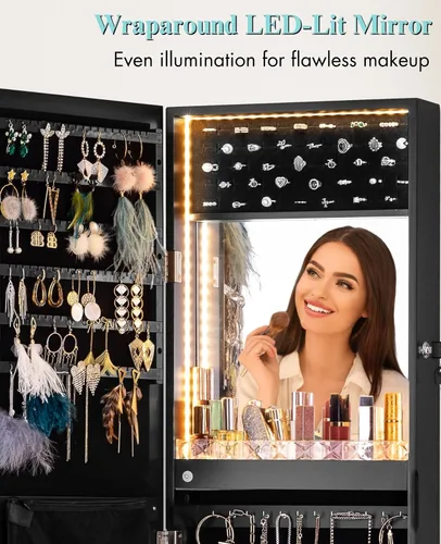 Miniatura 11 de LUXFURNI Armario de joyería con luz LED, espejo de pie, organizador de almacenamiento grande con cerradura y cajones (blanco)