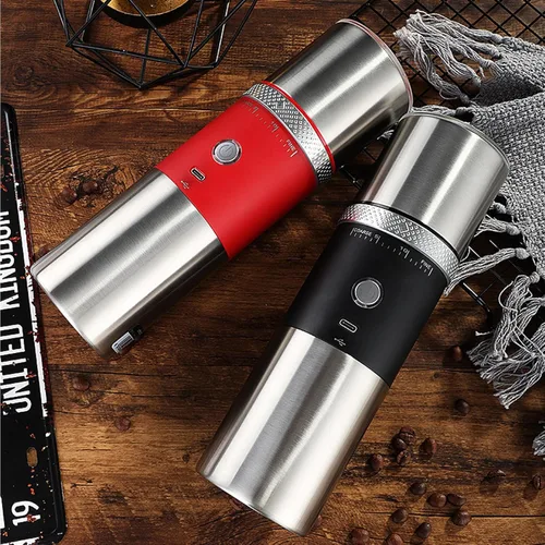 Miniatura 9 de Molinillo de café portátil para rebabas, máquina eléctrica ajustable para fresas adecuada para viajes, camping con bolsa (rojo)