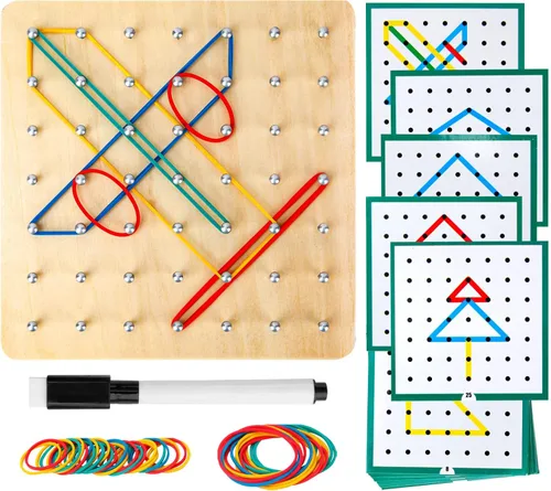 HEELWIRE Geoboard de madera, juguete Montessori, juguete gráfico de educación matemática para niños con tarjetas de patrón y bandas de goma para