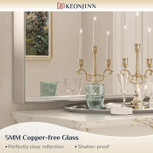 Miniatura 8 de Keonjinn Espejo de baño plateado de 48 x 36 pulgadas para colocar sobre el fregadero, espejo de pared rectangular grande con marco de metal Plata