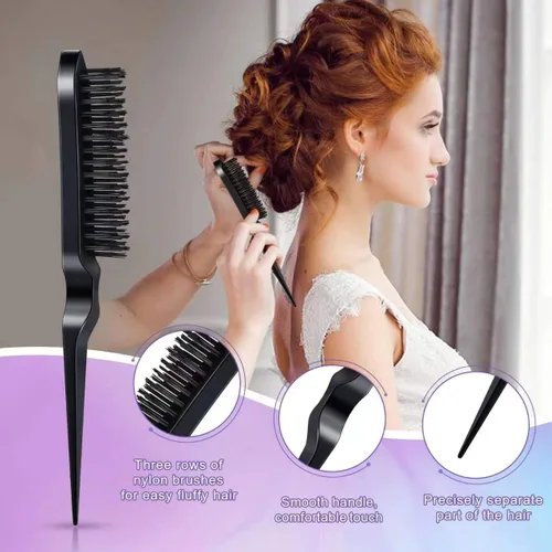 Miniatura 3 de Juego de 4 peines de pelo para peinar, cepillo de cerdas para el cabello, peine de cola de rata y peine de dientes anchos para mujeres, niñas y Negro
