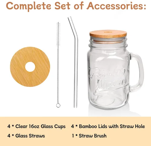 Miniatura 3 de ANOTION Vasos para beber Mason Jar – Frascos Mason Jar de vidrio de 16 onzas con tapas y pajitas, taza de café helado, botellas de jugo Mason Jar