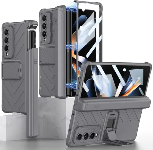 Miniatura 9 de Miimall Funda compatible con Samsung Galaxy Z Fold 4 con soporte para bolígrafo, protector de pantalla de vidrio templado integrado + función atril