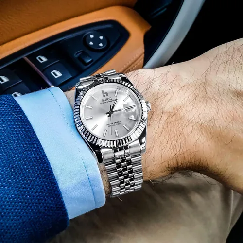 Miniatura 5 de BUREI - Reloj automático de lujo para hombre con lente de zafiro, calendario y correa de acero inoxidable