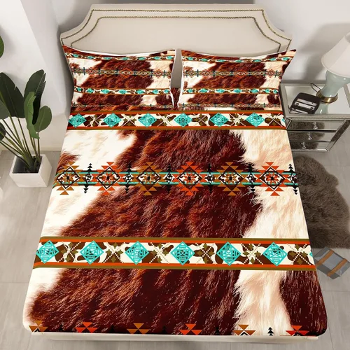 Miniatura 21 de Juego de ropa de cama de estilo bohemio occidental, tamaño individual, diseño de vaca atrapasueños, sábana bajera ajustable del suroeste, tribu