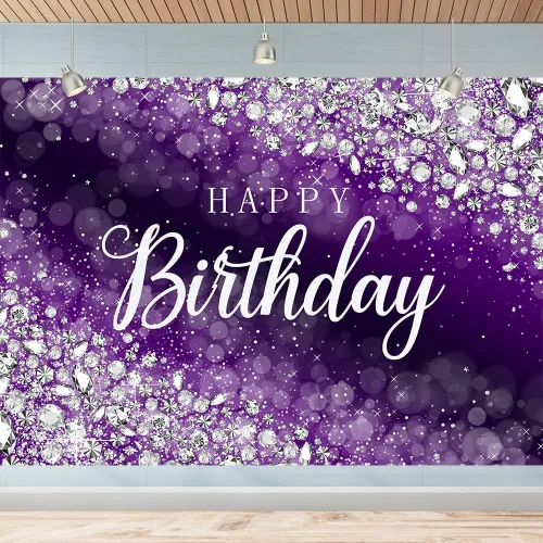 Cartel de feliz cumpleaños morado para mujer, decoración de fondo de 5.9 x 3.6 pies con diamantes plateados brillantes, pancarta de feliz