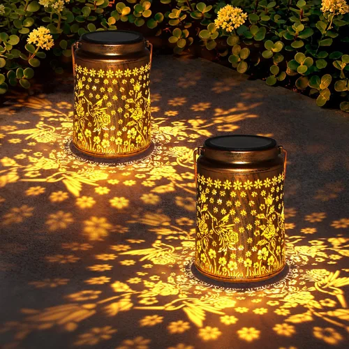 Miniatura 8 de Paquete de 2 linternas solares para colgar en el exterior, luces solares de jardín al aire libre impermeables con llama parpadeante, linterna LED