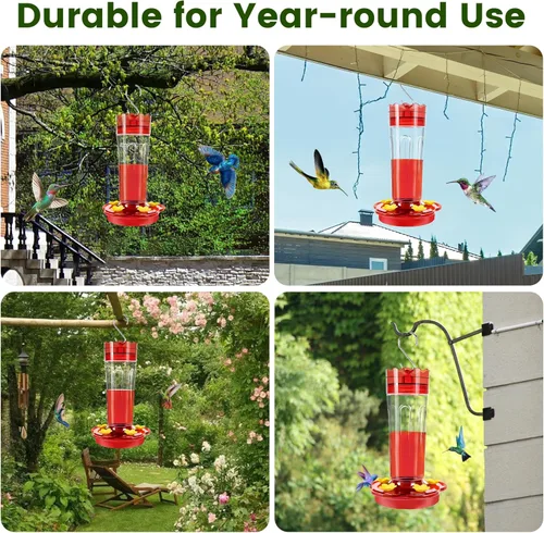 Miniatura 6 de Comederos de vidrio para colibríes para colgar al aire libre, a prueba de hormigas y abejas, 1 paquete de comedero rojo para colibríes de 15 onzas