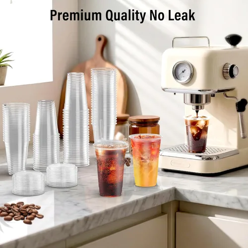 Miniatura 7 de Paquete de 100 tazas de café helado Ratio Lines de 16 onzas con tapas y popotes, sin adivinar bebidas consistentes, vasos desechables de plástico