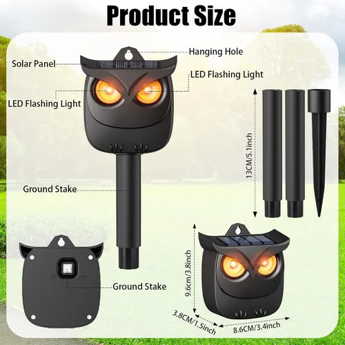 Miniatura 2 de Paquete de 2 repelentes solares de animales de búho al aire libre para mapache, ciervo y gato ardilla, modo de respiración solo nocturna, disuasorio