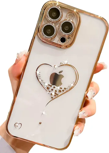 Bling Glitter Heart compatible con iPhone 13 de 6.1 pulgadas, lindo protector de cámara completo brillante para mujer, funda de teléfono chapada en