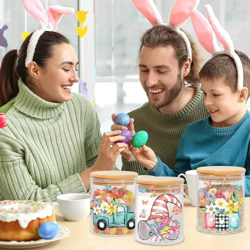 Miniatura 7 de JarThenaAMCS 3 Frascos de Almacenamiento de Vidrio Floral de Primavera con Tapa Hermética Tulipán Flor Gnomo Camión Mariposa Juegos de Recipientes