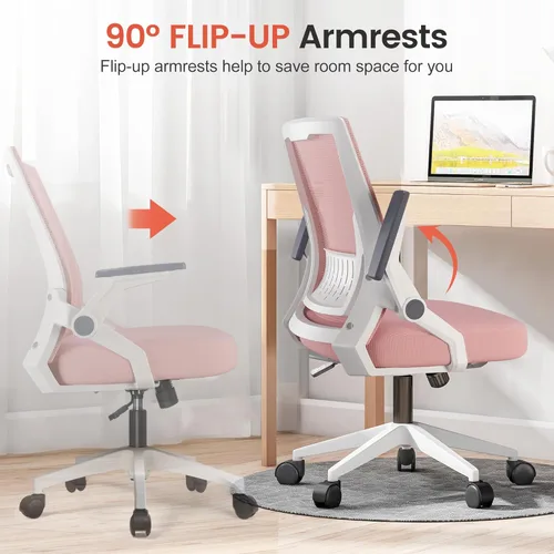 Miniatura 4 de COMHOMA Silla de oficina con reposabrazos abatibles, silla de escritorio ergonómica para computadora con soporte lumbar adaptable y malla Rosa