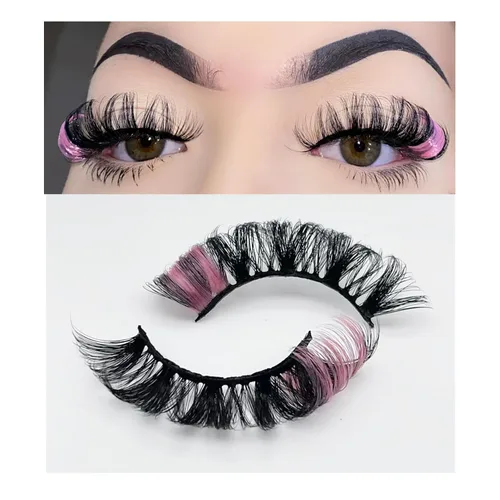 Miniatura 10 de Pestañas postizas negras y rosas con purpurina de color, 1 par de pestañas para mujer, pestañas postizas con reflejos en el extremo, tira