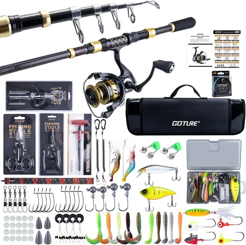 Goture Caña de pescar y carrete combos, 1.8M-2.7M telescópica caña de pescar spinning carrete línea señuelos conjunto con bolsa de transporte, kit