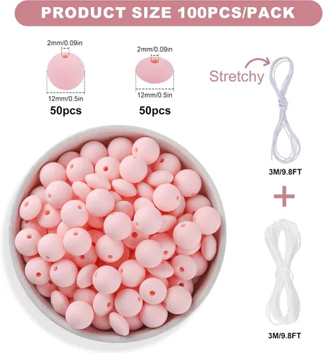 Miniatura 2 de 100 cuentas de silicona de 0.472 pulgadas para llavero, bolígrafo, collar, pulsera, manualidades, goma focal suelta a granel (rosa)