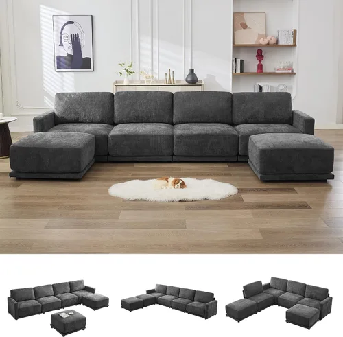 Miniatura 13 de Sofá modular en forma de U de 143.8 pulgadas, sofá de nube seccional de gran tamaño, sofás de asiento profundo de 6 plazas con 2 otomanas móviles