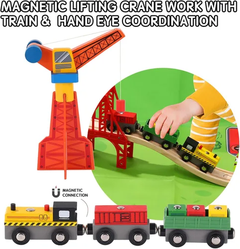 Miniatura 4 de Juego de 62 vías de tren de madera, accesorios de sistemas ferroviarios de madera, paquete de expansión con tren + grúa, para niños de 3 a 10 años