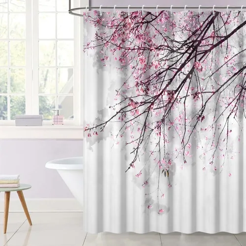 Miniatura 8 de Cortina de ducha japonesa con flores de cerezo blanco, pétalos que caen, decoración de fondo rosa, tela impermeable, cortina de baño floral