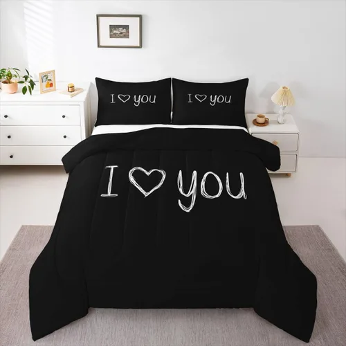 Miniatura 28 de Juego de edredón de San Valentín para parejas, juegos de ropa de cama rojo y blanco para niños, niñas, adolescentes, con texto en inglés "I Love