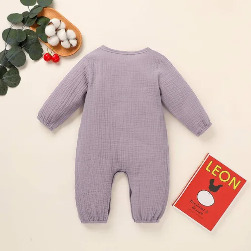 Miniatura 3 de Ropa de bebé con bolsillos, trajes de algodón para niña, mameluco de lino para niñas (morado, 3-6 meses)
