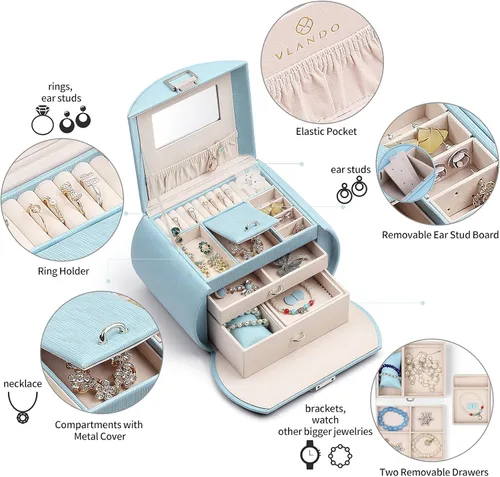 Miniatura 7 de Caja de joyería Vlando para niñas, estilo princesa, tamaño mediano, fabulosos regalos para niñas (color azul)