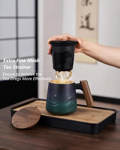 Miniatura 4 de ZENS Taza de Té de Cerámica en Relieve con Infusor y Tapa, 14.5 oz, Asa de Madera, Tazas Infusoras de Té de Hojas Sueltas y Colador para Regalos