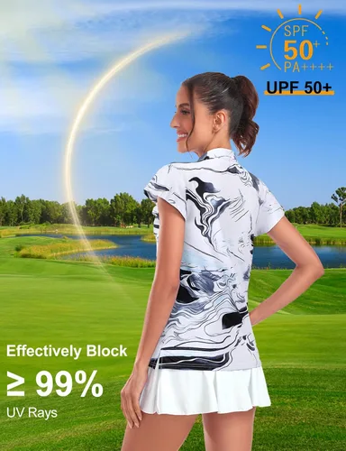 Miniatura 6 de Tanst Sky Polo de golf para mujer, con cremallera de 14, volantes, manga corta, secado rápido, para entrenamiento