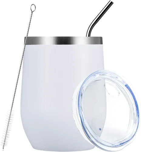Miniatura 56 de MEWAY Vaso de vino sin tallo de 12 onzas con tapa, vaso de viaje de acero inoxidable con aislamiento de doble pared al vacío con popote, para Negro