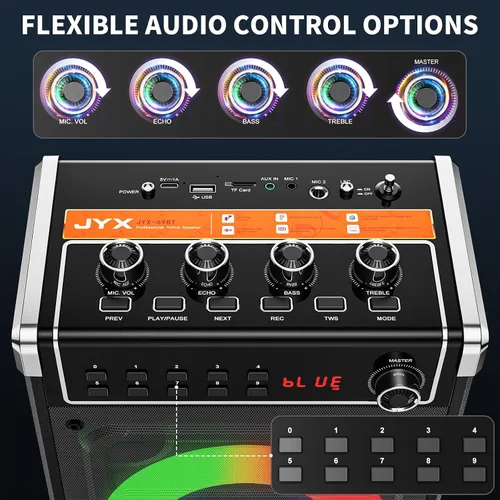 Miniatura 4 de JYX - Máquina de karaoke con 2 micrófonos inalámbricos, altavoz Bluetooth portátil con ajuste de graves/agudos y luz LED, compatible con TWS