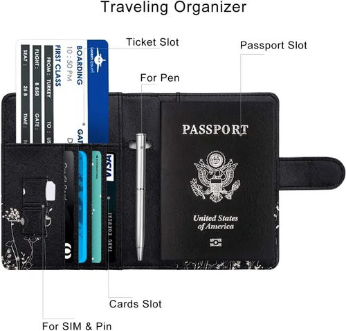 Miniatura 5 de WALNEW Funda para pasaporte, funda para pasaporte, tarjeta, cartera, C-black Flowers, Estilo C