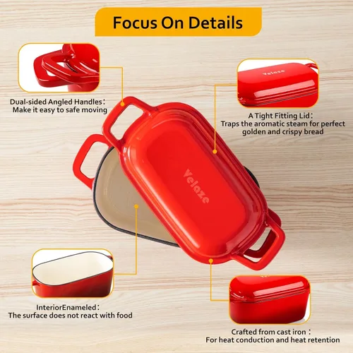 Miniatura 5 de Velaze 3.6QT Horno holandés para hornear pan, olla ovalada de hierro fundido esmaltada con tapa y asas desplazadas, apta para horno hasta 500°F