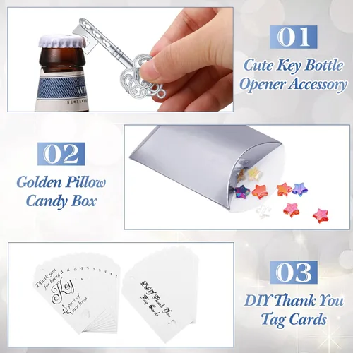 Miniatura 3 de CHENGU 100 juegos de abrebotellas con llave vintage, recuerdos de boda, regalo de recuerdo para invitados con tarjeta de agradecimiento, almohada