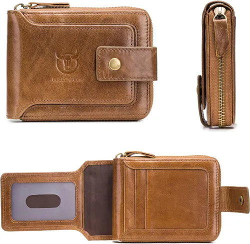 Miniatura 17 de LUKZIJAES Billetera de cuero genuino para hombre, con bloqueo RFID, delgada, plegable, bolsillo frontal, #3-Café, Vintage