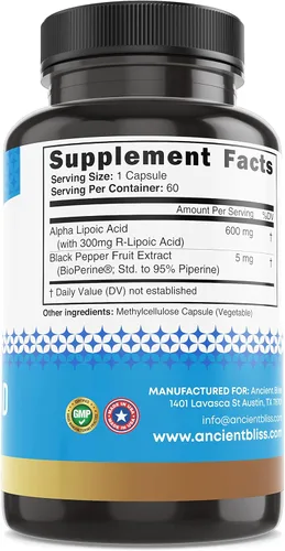 Miniatura 5 de Ancient Bliss Suplemento de ácido alfa lipoico, antioxidante y apoyo energético, suplemento ALA con bioperina, sin gluten y soja, 600 mg por
