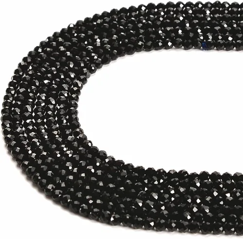 Miniatura 2 de JM Design Cuentas redondas facetadas de ónix negro natural, tamaño de 0.079 in, 15.5 pulgadas, hebra para la fabricación de joyas