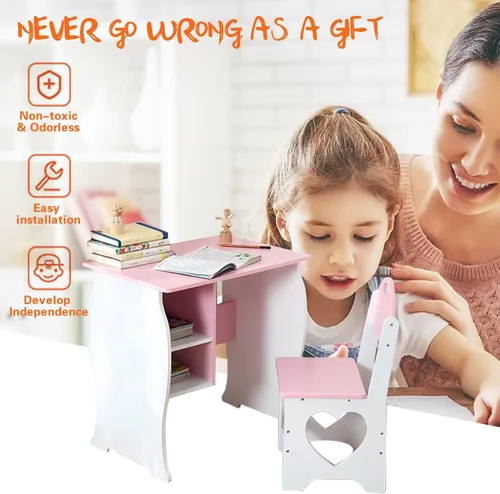 Miniatura 7 de Juego de escritorio y silla para niños, escritorio de estudio para niños con estante de almacenamiento, mesa de estudio escolar de madera, mesa