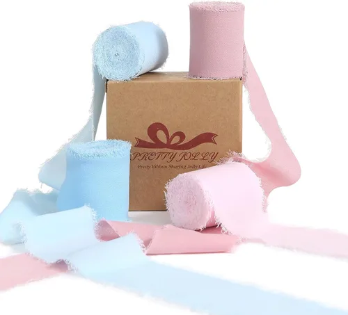 Miniatura 25 de Pretty Jolly Cinta de gasa beige para envolver regalos, 3 rollos de 2 pulgadas x 7 yardas, cinta de tela de seda hecha a mano con flecos para ramo
