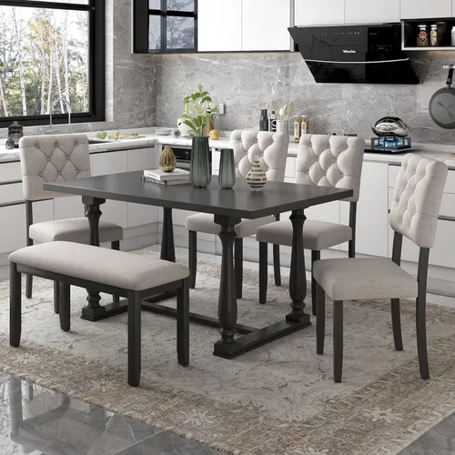 Miniatura 9 de Juego de mesa de comedor de madera de 6 piezas, juego de mesa de cocina con rectangular, juego de mesa de comedor con banco tapizado y 4 sillas