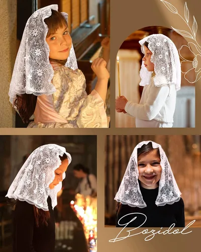 Miniatura 5 de Bozidol Velo de primera comunión para niñas Mantilla corta de encaje triangular capilla católica, cubierta de cabeza de misa, velo de iglesia