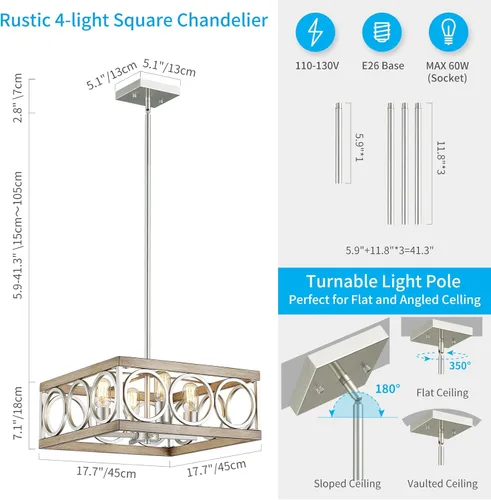 Miniatura 3 de XINGQI Candelabro moderno cuadrado de 17.7 pulgadas, 4 luces, lámpara colgante de granja para comedor, sala de estar, dormitorio, isla de cocina