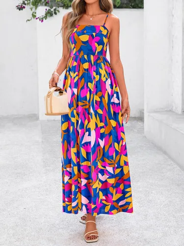 Miniatura 4 de PRETTYGARDEN Vestido largo de verano para mujer, con tirantes delgados, bohemio, floral, a rayas, para invitadas de boda, playa, vacaciones, vestido