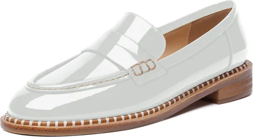 Miniatura 20 de FOGEENA Mocasines de tacón bajo para mujer, estilo casual, puntera redonda, de charol grueso, de 1 pulgada