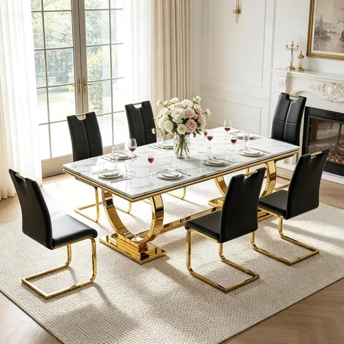 Miniatura 20 de Juego de mesa de comedor de mármol para 4, mesa de cocina rectangular de mármol blanco de 70 pulgadas con base en O de acero inoxidable dorado