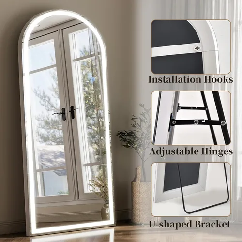 Miniatura 5 de GLSLAND Espejo LED arqueado de longitud completa, espejos de pie de cuerpo completo de 65 x 26 pulgadas con luz para dormitorio/guardarropa