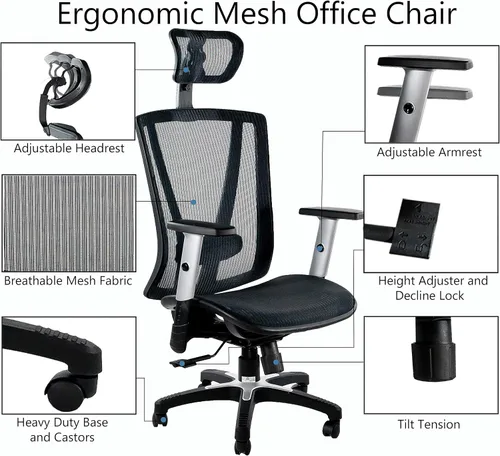 Miniatura 5 de Silla de oficina ergonómica ajustable color rojo de 53 pulgadas de alto, silla ergonómica de oficina en casa, silla ergonómica con reposacabezas
