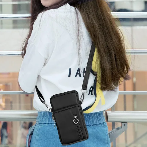 Miniatura 7 de Bolso cruzado de nailon para mujer para viaje, bolso de hombro para teléfono celular con pulsera, brazalete deportivo, cartera para teléfono Negro