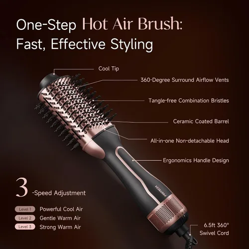 Miniatura 5 de Cepillo secador de pelo PRITECH de doble voltaje de 1000 W, barril ovalado para todo tipo de cabello 4 in 1 Hair Dryer Blow Dryer Brush in