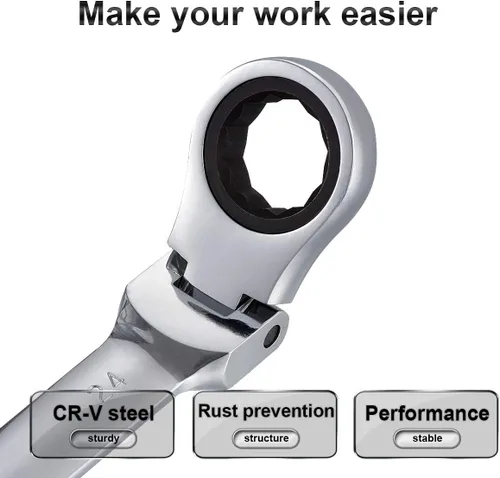 Miniatura 6 de KATUR Juego de llaves de trinquete de 0.945 in con cabezal giratorio flexible, llave combinada de trinquete, herramienta métrica de acero al cromo